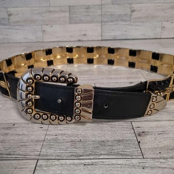 Women's Vintage Cpativa Western Black Leather Chunky Golden Rodeo Belt Size M 32 - Picture 2 of 5